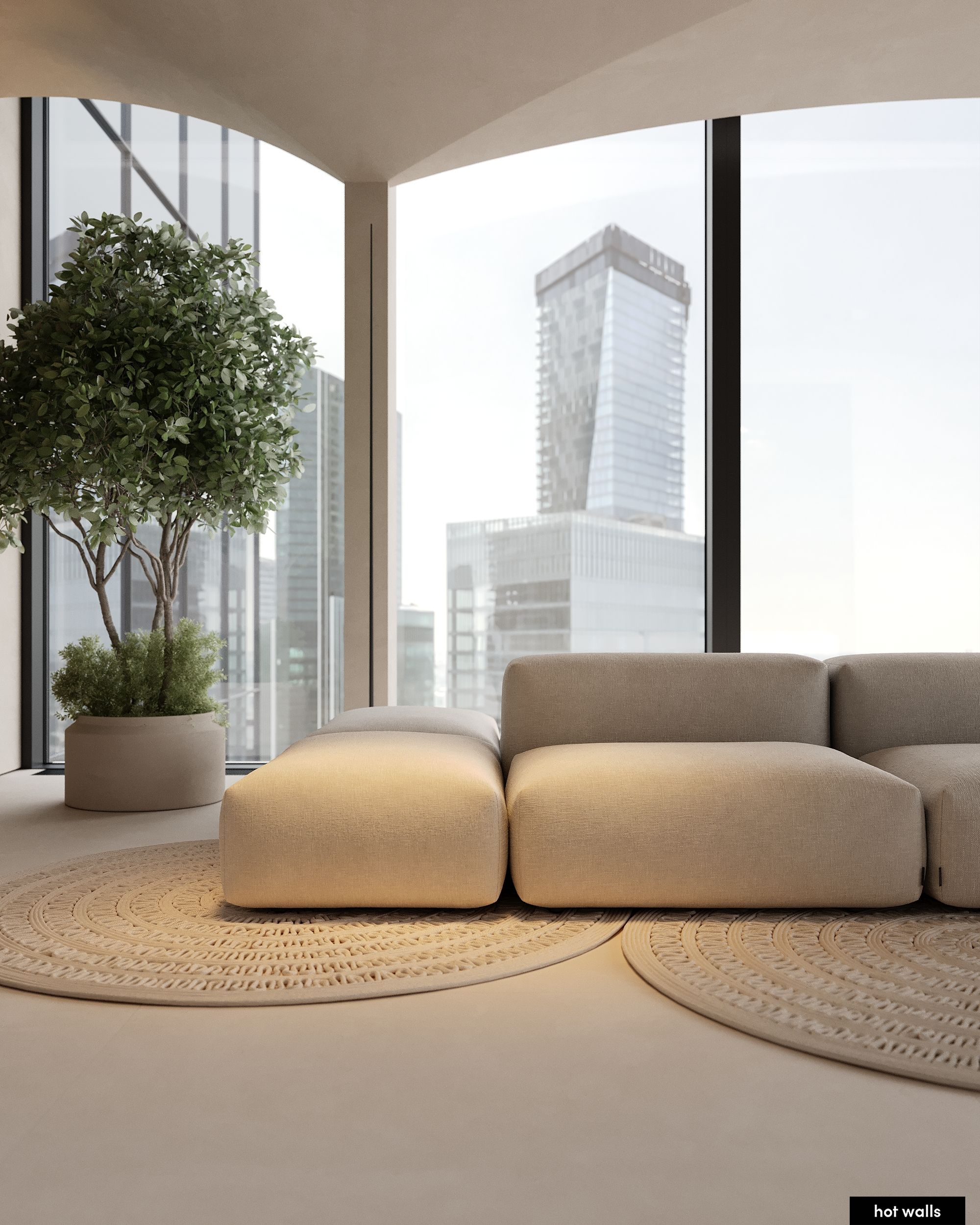 Гостиная с современной мебелью и панорамными окнами